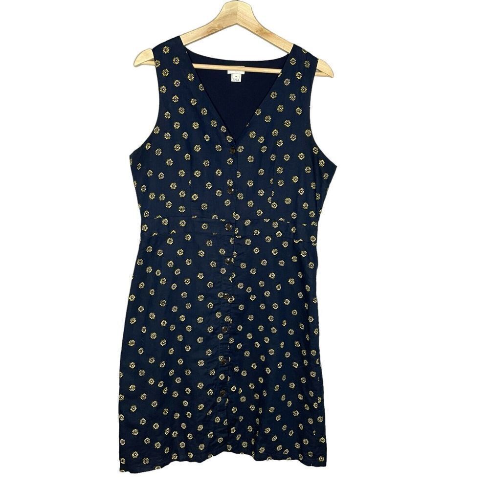 J. Crew Sleeveless Linen Navy Blue Yellow Daisy Floral Dress Lined Size 10
